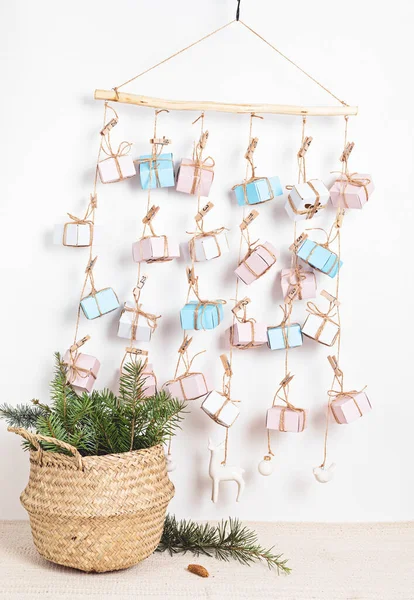 Handmade Advent Calendar Gift Boxes Hanging Rope Eco Friendly Christmas — Stock Photo, Image