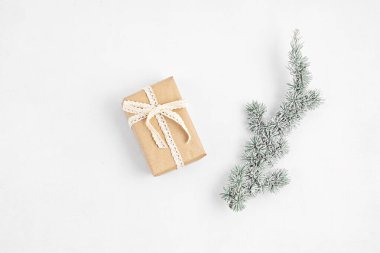 Noel ağacı dalı ve hediye kutusu beyaz arka planda organik el sanatları kağıdına sarılı, düz, üst manzara, kopyalama alanı. Kış tatili, xmas tebrik kartı.