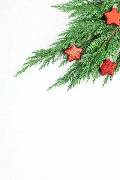 Ramo Árvore Natal Ornamento Estrela Vermelha Fundo Branco Flat Lay — Fotografia de Stock