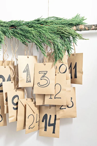 Handmade Advent Calendar Gift Bags Hanging Rope Eco Friendly Christmas — Stock Photo, Image
