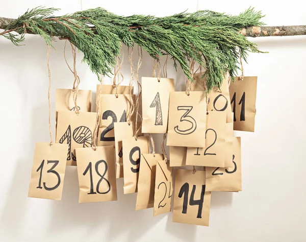 Handmade Advent Calendar Gift Bags Hanging Rope Eco Friendly Christmas — Stock Photo, Image