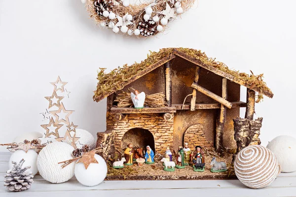 Christmas Hygge Interior Christmas Nativity Scene Holy Family Three Wise — Stock Photo, Image