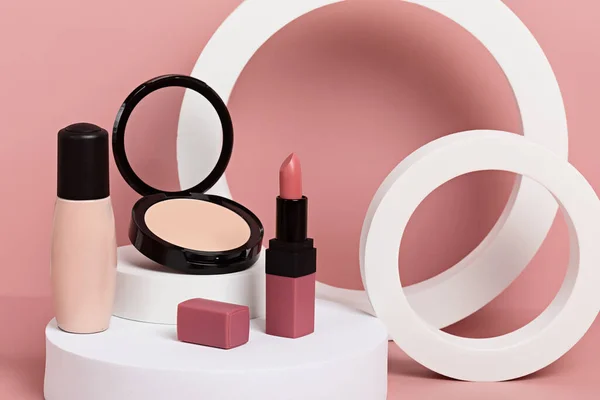 Make Products Prsented White Podiums Pink Pastel Background Mockup Branding — Stock Photo, Image