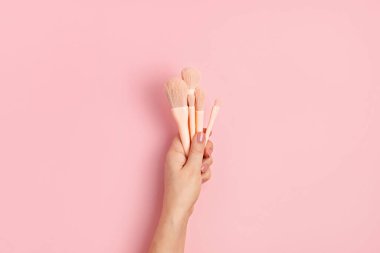 Pembe makyaj fırçaları. Makyaj sanatçısı için güzellik kozmetik ürünü