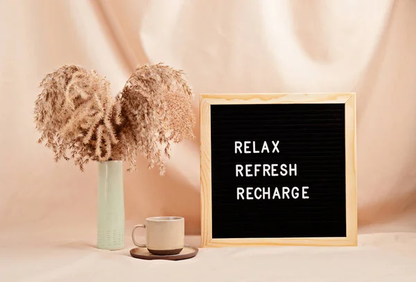 Relax, refresh, recharge, motivational quote on letter board — Stock Photo, Image