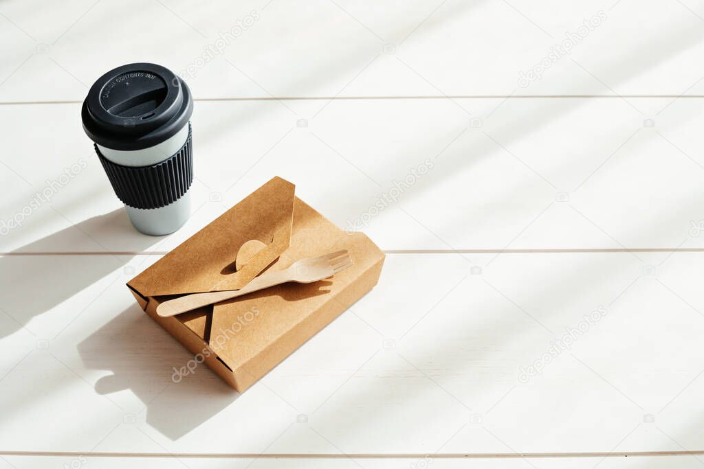 Hot coffee on the go and lunch box. Biodegradable, disposable takeaway food box