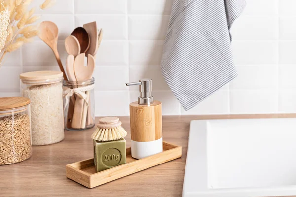 Home cleaning non toxic, natural products. Washing dishen in kitchen with olive oil soap and brushes — Stock Photo, Image