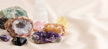 Healing reiki chakra crystals. Gemstones for wellbeing, destress, meditation, relaxation clipart