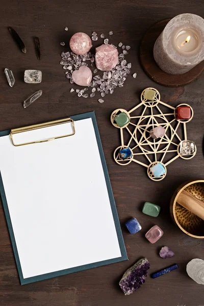 Healing chakra crystal grid therapy. Rituals with gemstones and aromatherapy for wellness, healing, meditation