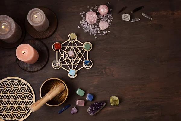 Healing chakra crystal grid therapy. Rituals with gemstones and aromatherapy for wellness, healing, meditation