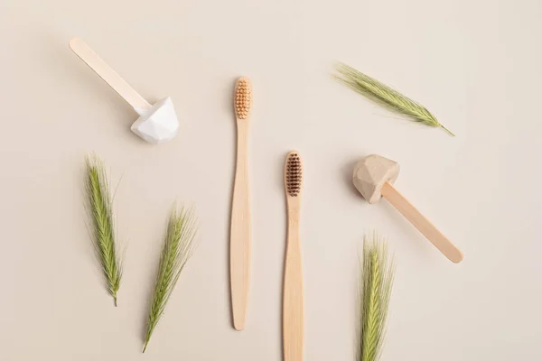 Bamboo toothbrush and solid organic toothpaste. Zero waste sustainable lifestyle idea — Stock Photo, Image
