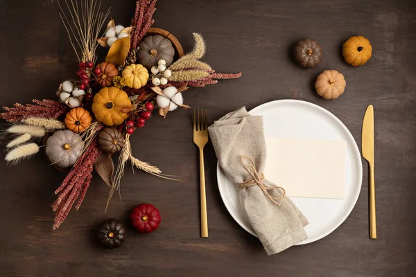 Rustic Menu Mockup Plate Autumn Table Decoration Floral Interior Decor — Stock Photo, Image