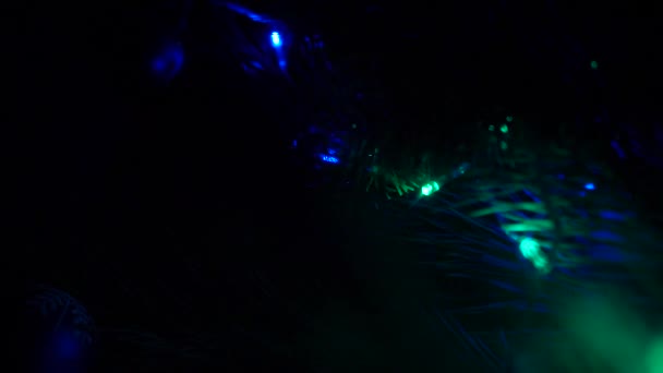 Різдвяна ялинка світиться вночі. Новорічна ялинка з прикрасами та синьо-червоним освітленням . — стокове відео