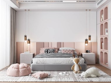 Dahili Çocuklar Yatak Odası Duvar Kağıdı Modeli - 3D Hazırlama, 3D İllüstrasyon