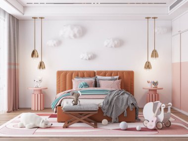 Dahili Çocuklar Yatak Odası Duvar Kağıdı Modeli - 3D Hazırlama, 3D İllüstrasyon