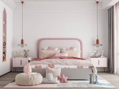 Dahili Çocuklar Yatak Odası Duvar Kağıdı Modeli - 3D Hazırlama, 3D İllüstrasyon