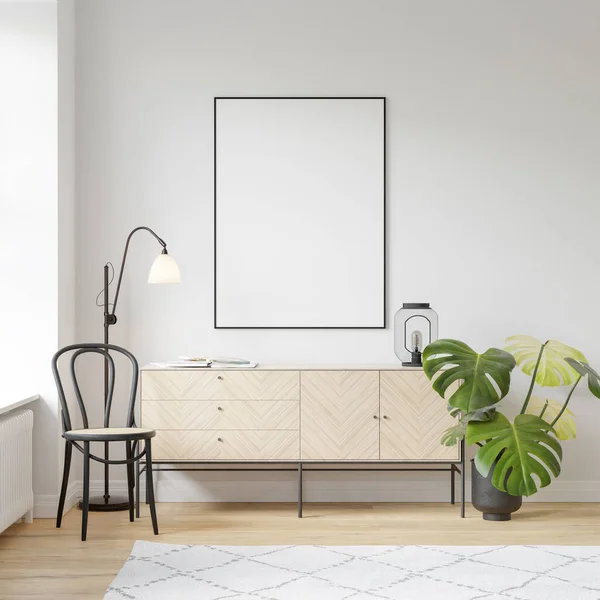 Burla Marco Cartel Interior Con Decoración Muebles Modernos Ilustración Renderizado —  Fotos de Stock