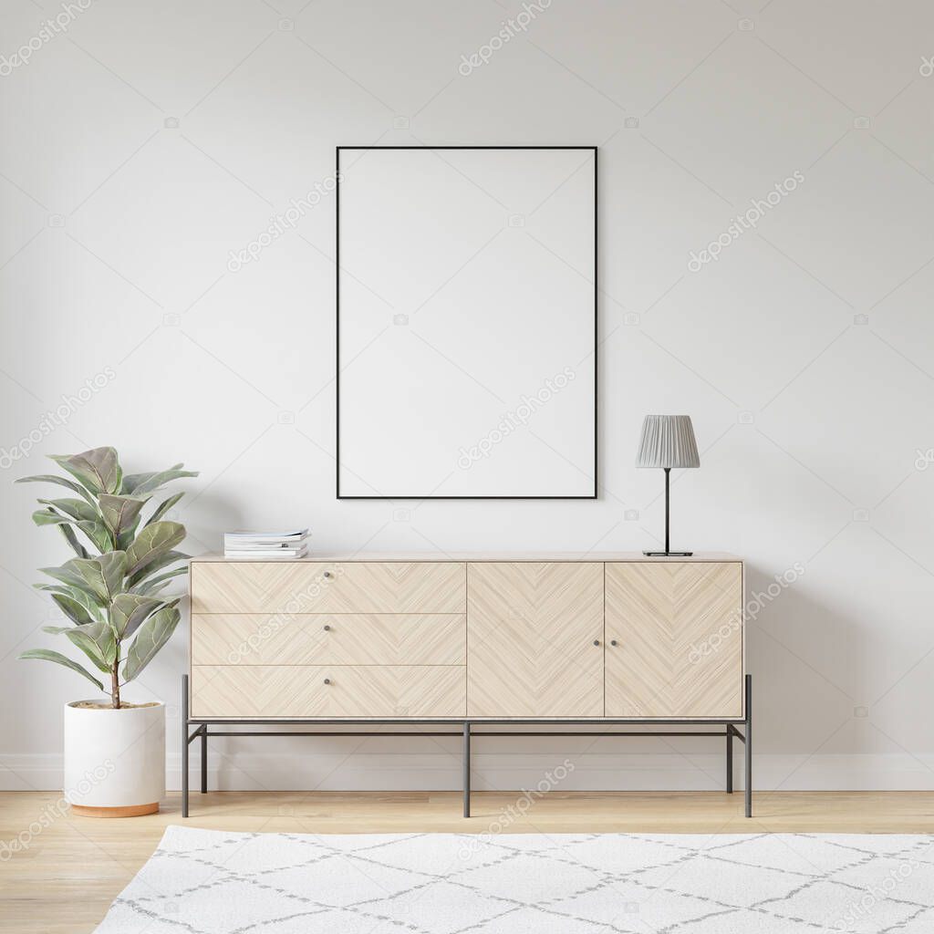 Interior Poster Frame Mockup with Modern Furniture Decoration - 3d Illustration, 3d Render