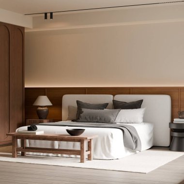 Modern Minimalist Bedroom Interior with Frame Poster Mockup - 3d Render