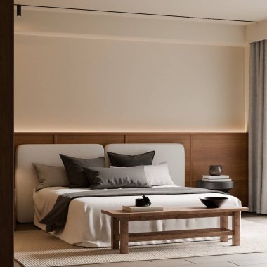 Modern Minimalist Bedroom Interior with Frame Poster Mockup - 3d Render