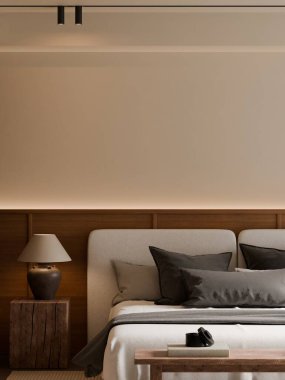 Modern Minimalist Bedroom Interior with Frame Poster Mockup - 3d Render