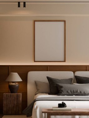 Modern Minimalist Bedroom Interior with Frame Poster Mockup - 3d Render