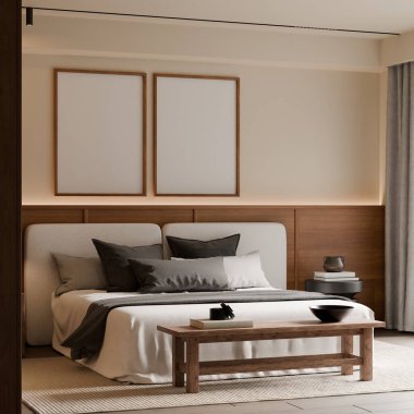 Modern Minimalist Bedroom Interior with Frame Poster Mockup - 3d Render