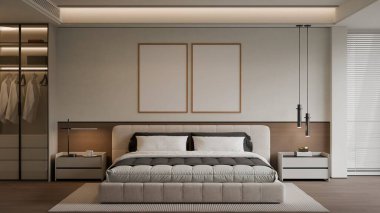 Modern Minimalist Bedroom Interior with Frame Poster Mockup - 3d Render