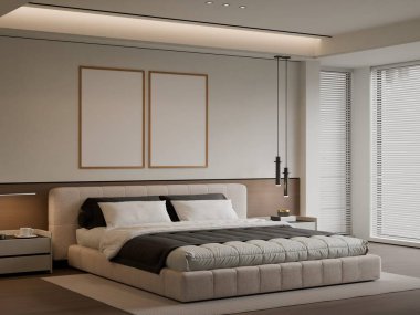 Modern Minimalist Bedroom Interior with Frame Poster Mockup - 3d Render