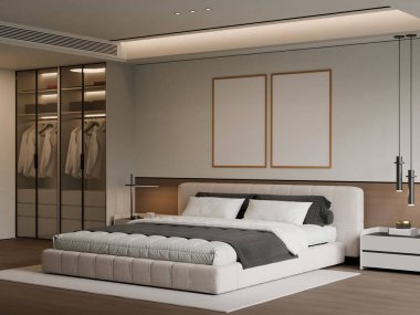 Modern Minimalist Bedroom Interior with Frame Poster Mockup - 3d Render