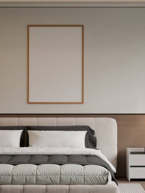 Modern Minimalist Bedroom Interior with Frame Poster Mockup - 3d Render