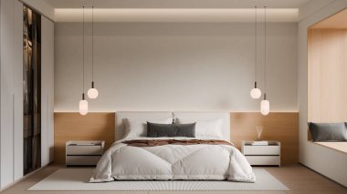 Modern Minimalist Bedroom Interior with Frame Poster Mockup - 3d Render