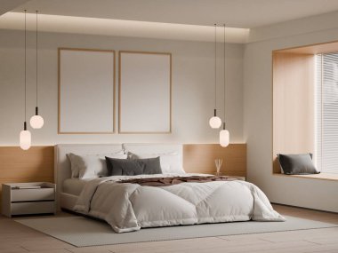 Modern Minimalist Bedroom Interior with Frame Poster Mockup - 3d Render