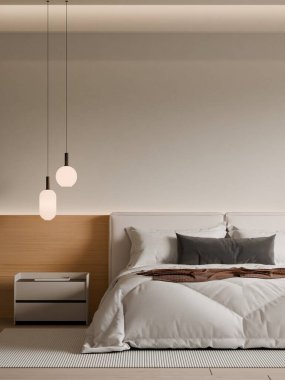Modern Minimalist Bedroom Interior with Frame Poster Mockup - 3d Render