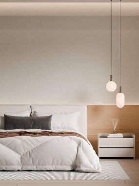 Modern Minimalist Bedroom Interior with Frame Poster Mockup - 3d Render