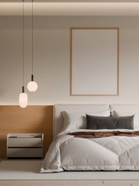 Modern Minimalist Bedroom Interior with Frame Poster Mockup - 3d Render