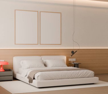 Modern Minimalist Bedroom Interior with Frame Poster Mockup - 3d Render