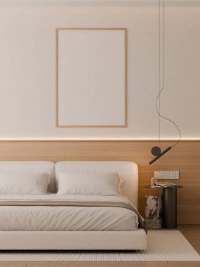 Modern Minimalist Bedroom Interior with Frame Poster Mockup - 3d Render
