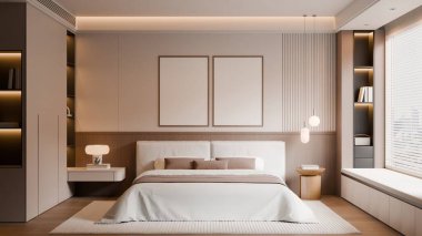 Modern Minimalist Bedroom Interior with Frame Poster Mockup - 3d Render