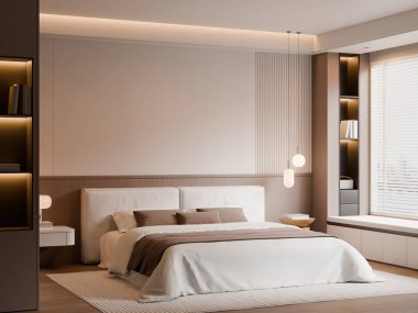 Modern Minimalist Bedroom Interior with Frame Poster Mockup - 3d Render