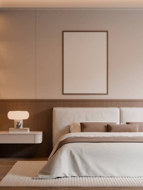 Modern Minimalist Bedroom Interior with Frame Poster Mockup - 3d Render