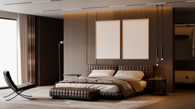 Modern Minimalist Bedroom Interior with Frame Poster Mockup - 3d Render