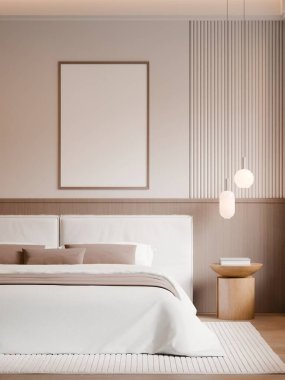 Modern Minimalist Bedroom Interior with Frame Poster Mockup - 3d Render