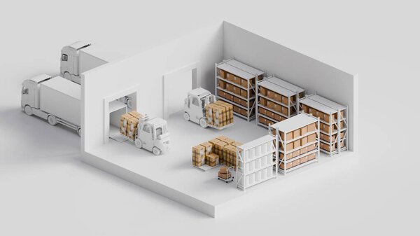 Isometric Warehouse Logistics with Forklifts, Trucks, and Storage Racks  3D Render
