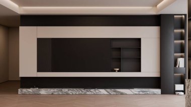 Modern Minimalist Oturma Odası İçi Bej Kanepe ve Mermer Duvar 3d