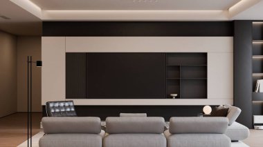 Modern Minimalist Oturma Odası İçi Bej Kanepe ve Mermer Duvar 3d