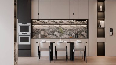 Modern Minimalist Oturma Odası İçi Bej Kanepe ve Mermer Duvar 3d