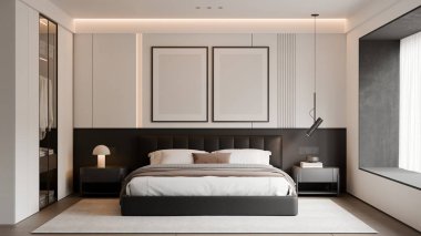 Modern Minimalist Lüks Siyah ve Beyaz Yatak Odası İç Çerçeve Yapılandırması - 3B
