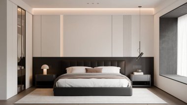 Modern Minimalist Lüks Siyah ve Beyaz Yatak Odası İç Çerçeve Yapılandırması - 3B