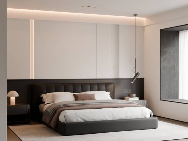 Modern Minimalist Lüks Siyah ve Beyaz Yatak Odası İç Çerçeve Yapılandırması - 3B
